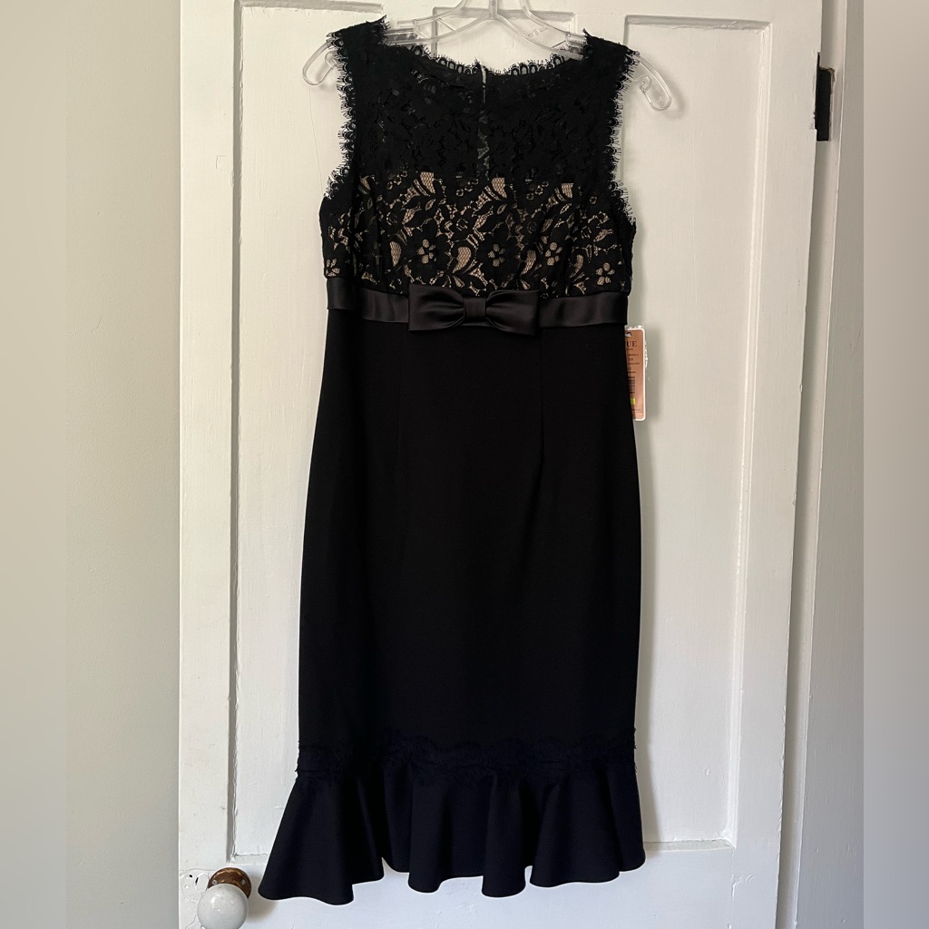Nue By Shani Black Lace Vneck Tulip Hem Sheath Sleeveless Dress Size 4 New Nwt
